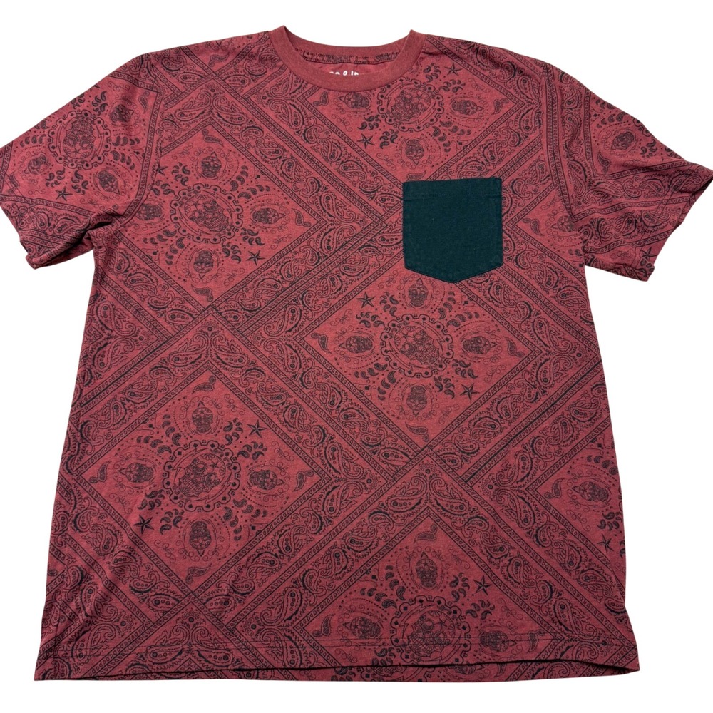 Aces & Idols Mens Bandana Skull Printโ Graphic Tee Burgundy Black Pocket Large